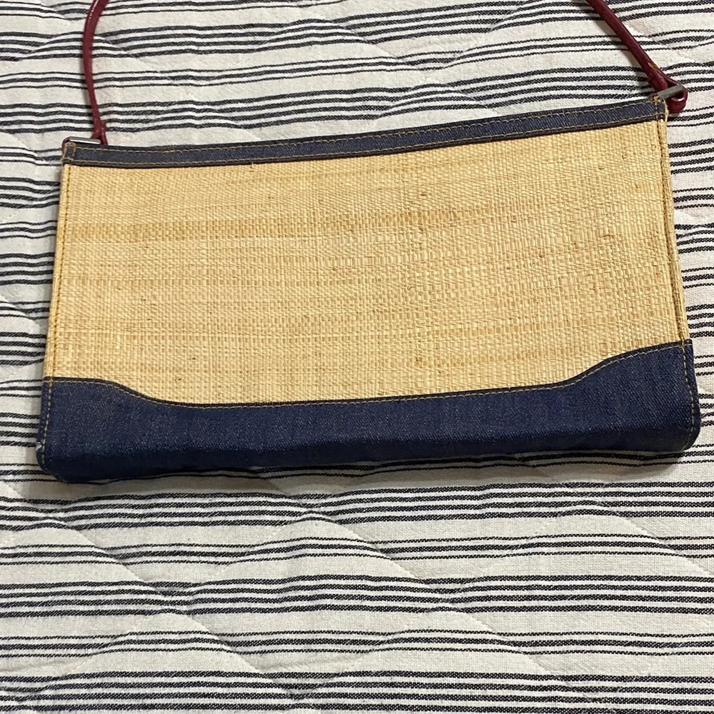 Ralph Lauren Straw & Denim Embroidered Wristlet with Pink and Green Accents - Picture 4 of 6